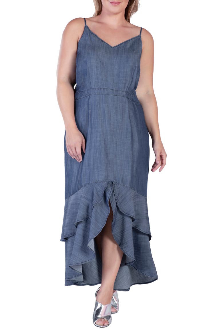 Tiered Ruffle Chambray Maxi Dress, Alternate, color, INDIGO RINSE