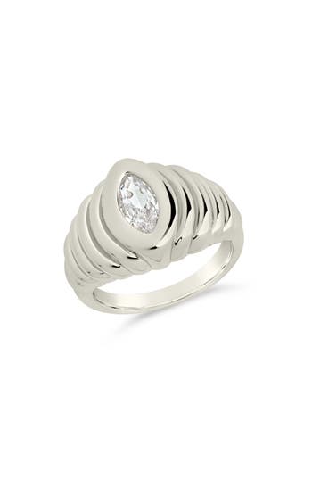 Sterling Forever Cz Studded Croissant Ring In Metallic