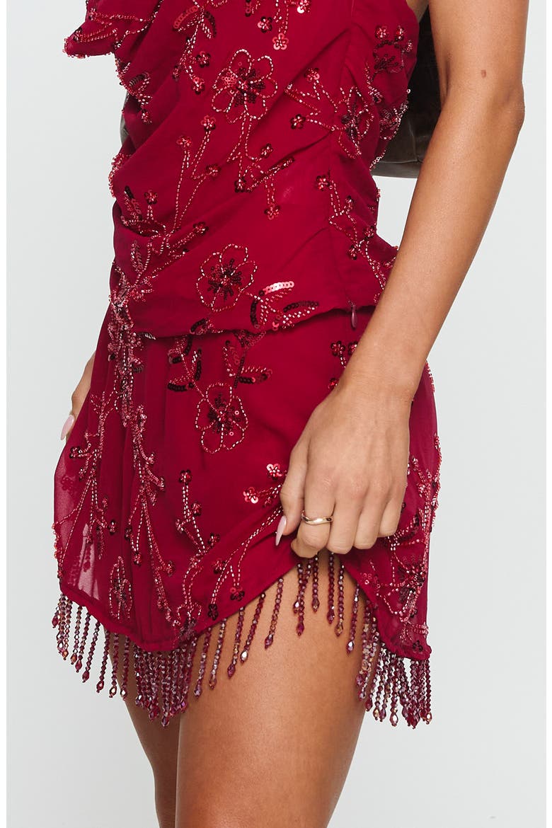 Twilight Embellished Beaded Sequin Fringe Miniskirt, Alternate, color, RED