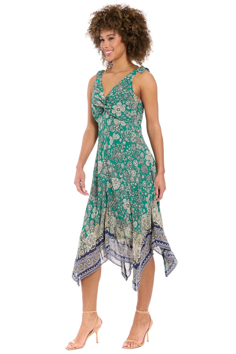 Floral Twist Front Sleeveless Handkerchief Hem Midi Dress, Alternate, color, IVORY/ GREENLAKE