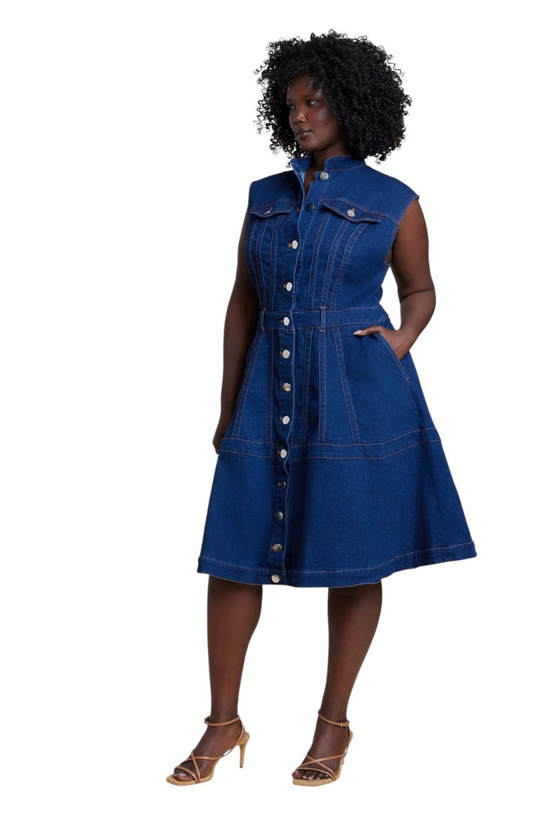 Denim Fit & Flare Midi Dress, Main, color, DARK WASH