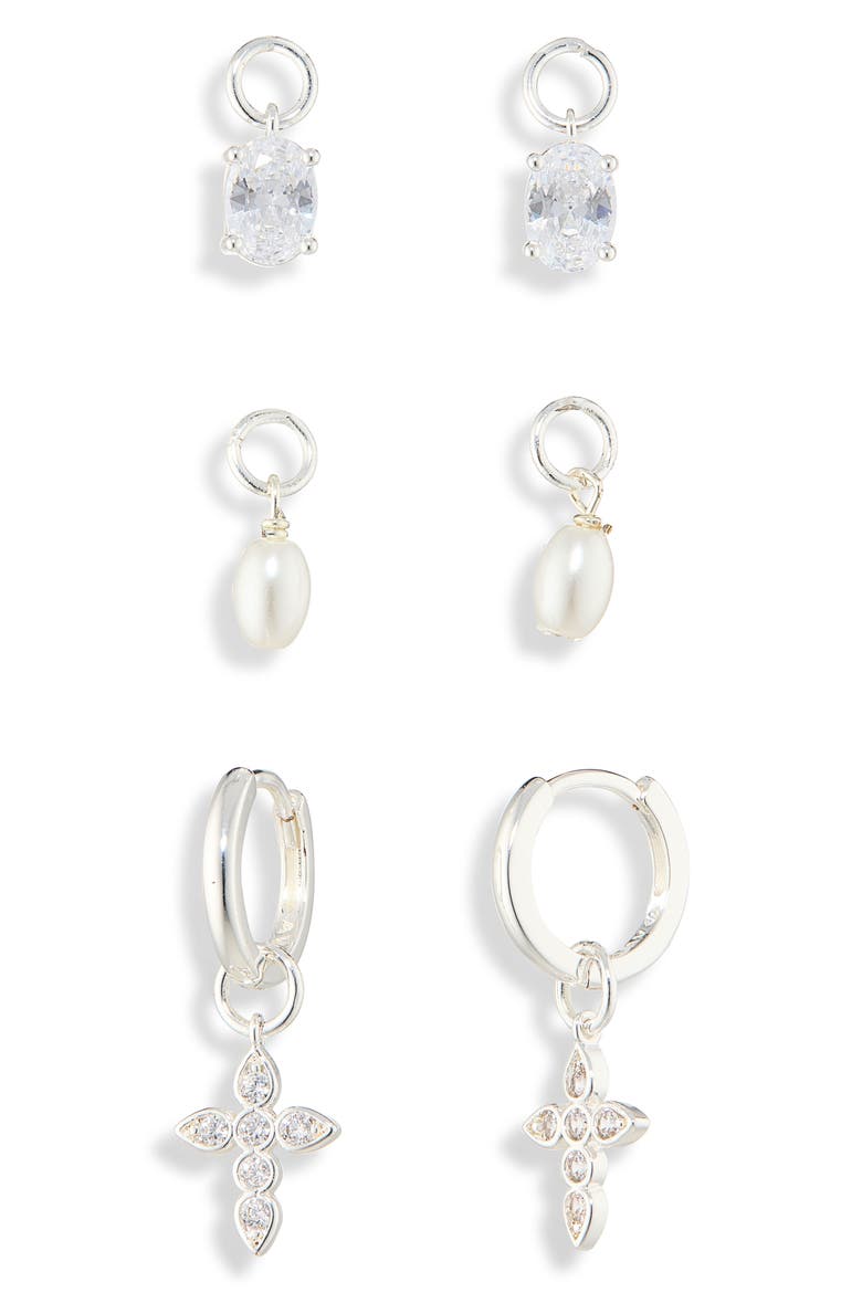 Cross Pearl Cubic Zirconia Charm Set of 3, Alternate, color, SILVER