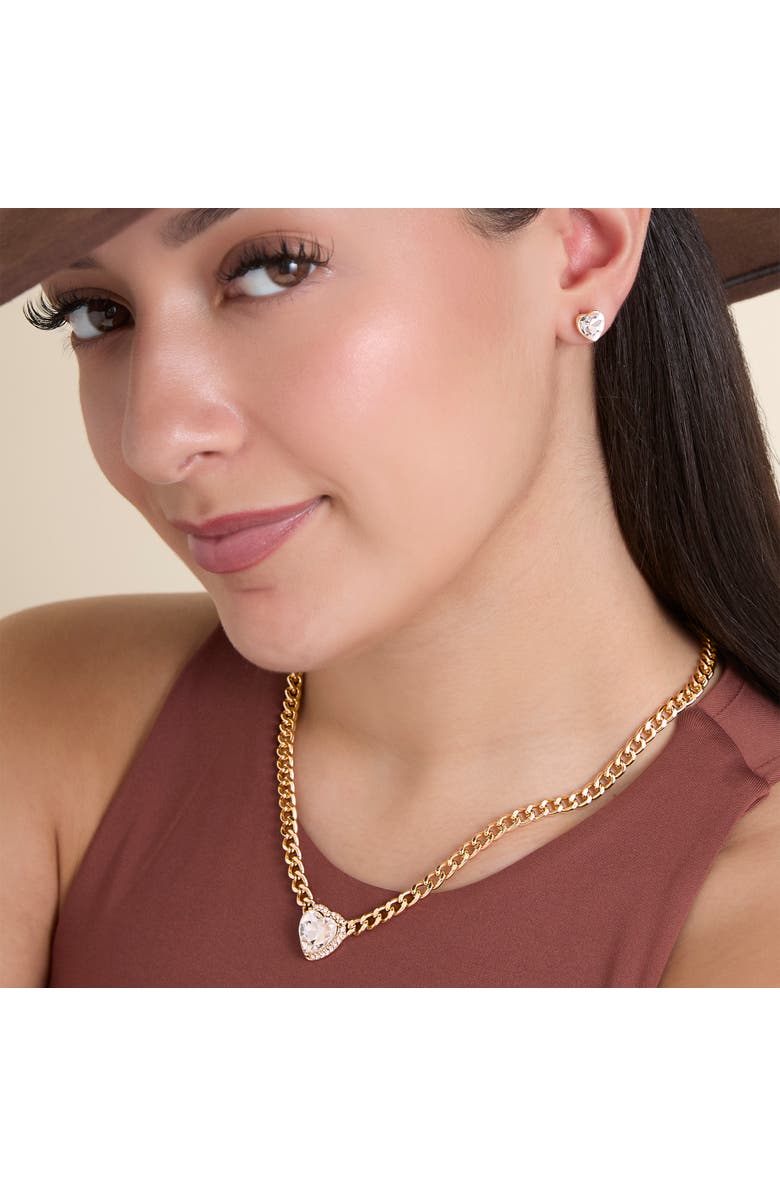 Jessica Simpson Jewelry Set with Glass Heart Pendant Necklace 16"+3" and Heart Stud Earrings, Alternate, color, Gold/Clear