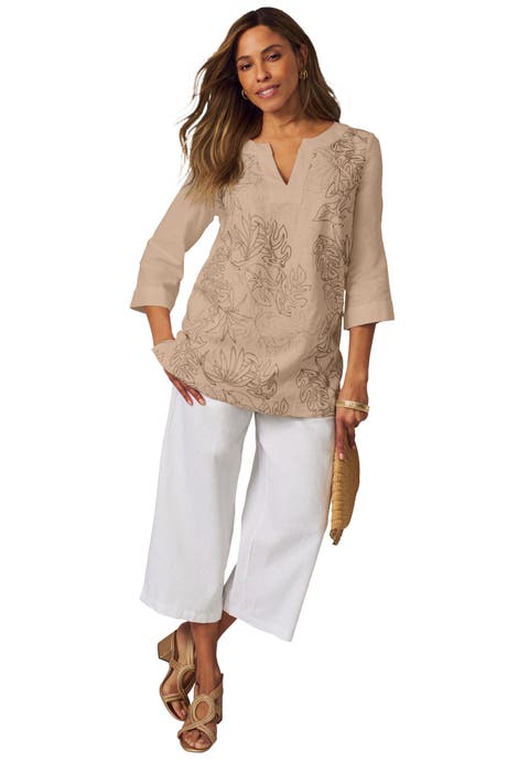 Linen V-Neck Embroidered Tunic (Plus)