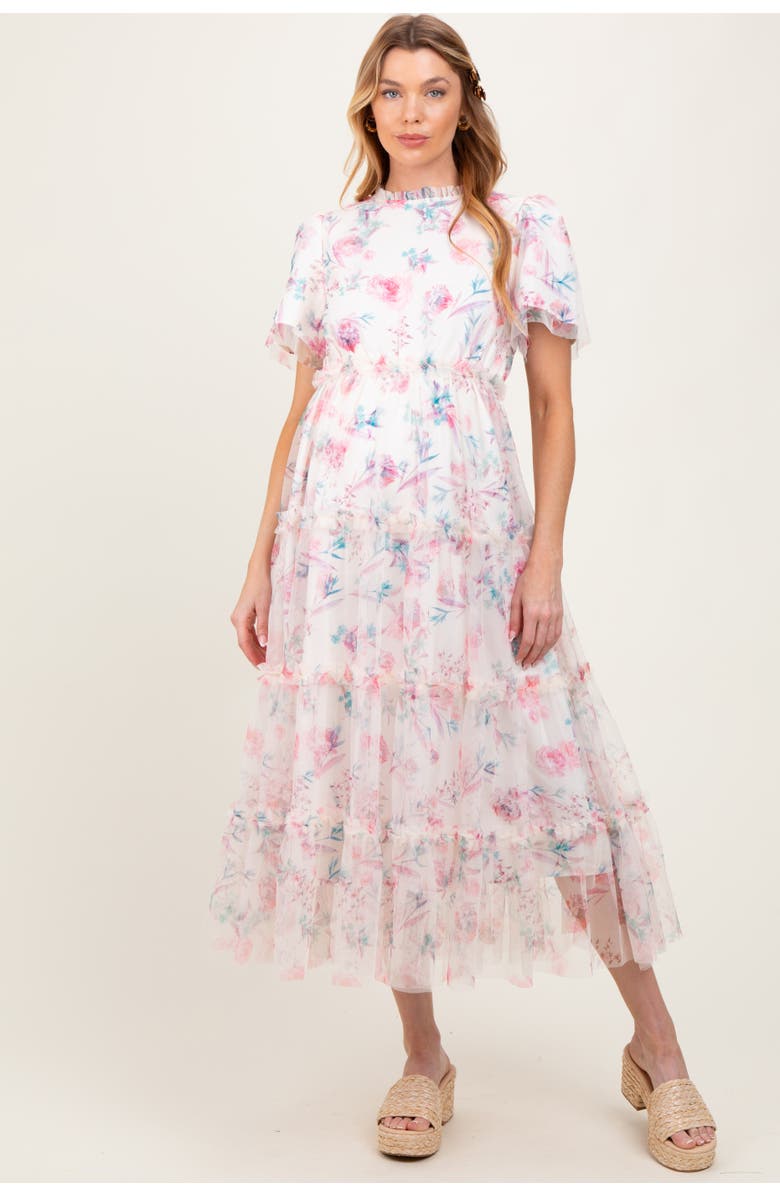PinkBlush Floral Mesh Ruffle Tiered Midi Dress, Main, color, Ivory