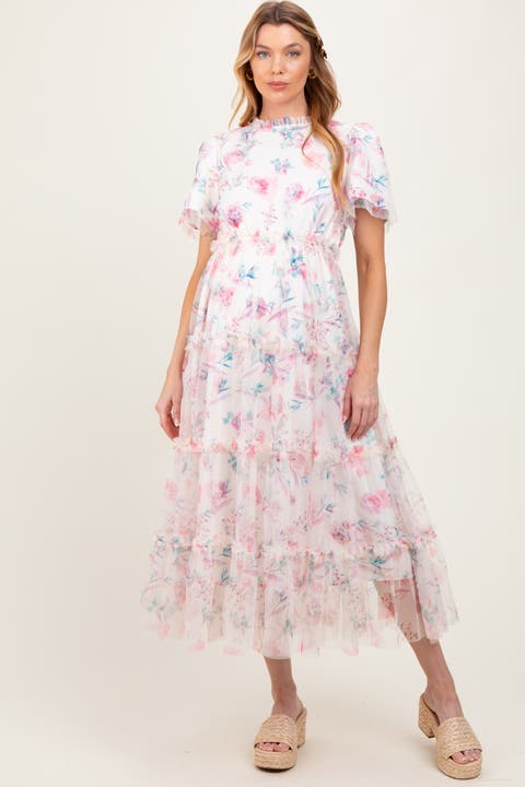 Floral Mesh Ruffle Tiered Midi Dress