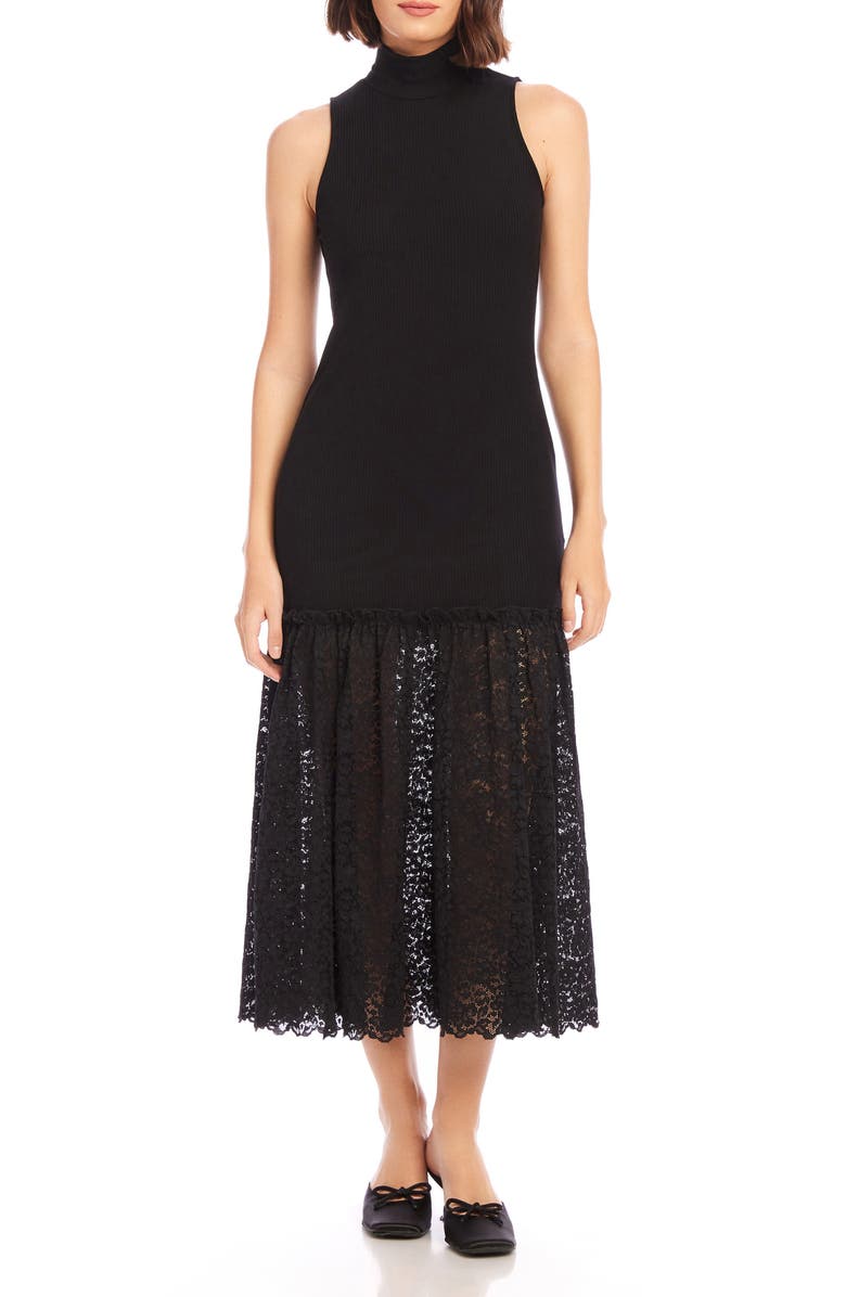 FIFTEEN TWENTY Liana Mixed Media Sleeveless Rib & Lace Dress, Main, color, Blk