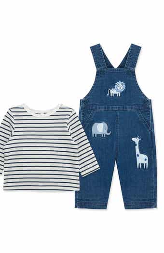 Little Me Safari Animal Denim Overalls & Stripe T-Shirt Set
