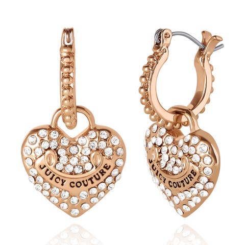 Gold-Tone Heart Charm Hoop Earrings with Crystal Accents