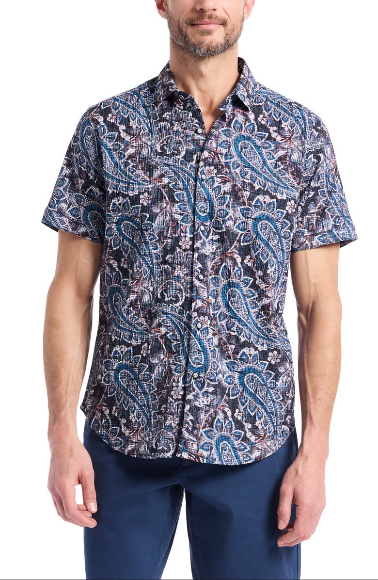 Robert Graham Barrington Floral Paisley Short Sleeve Cotton Crepe Button-Up Shirt, Main, color, Blue Multi
