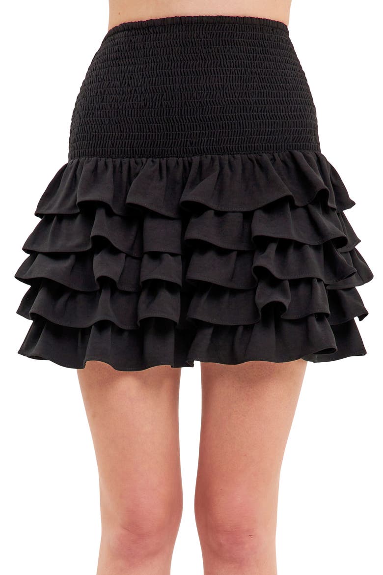 Smocked Tiered Ruffle Miniskirt, Alternate, color, JET BLACK