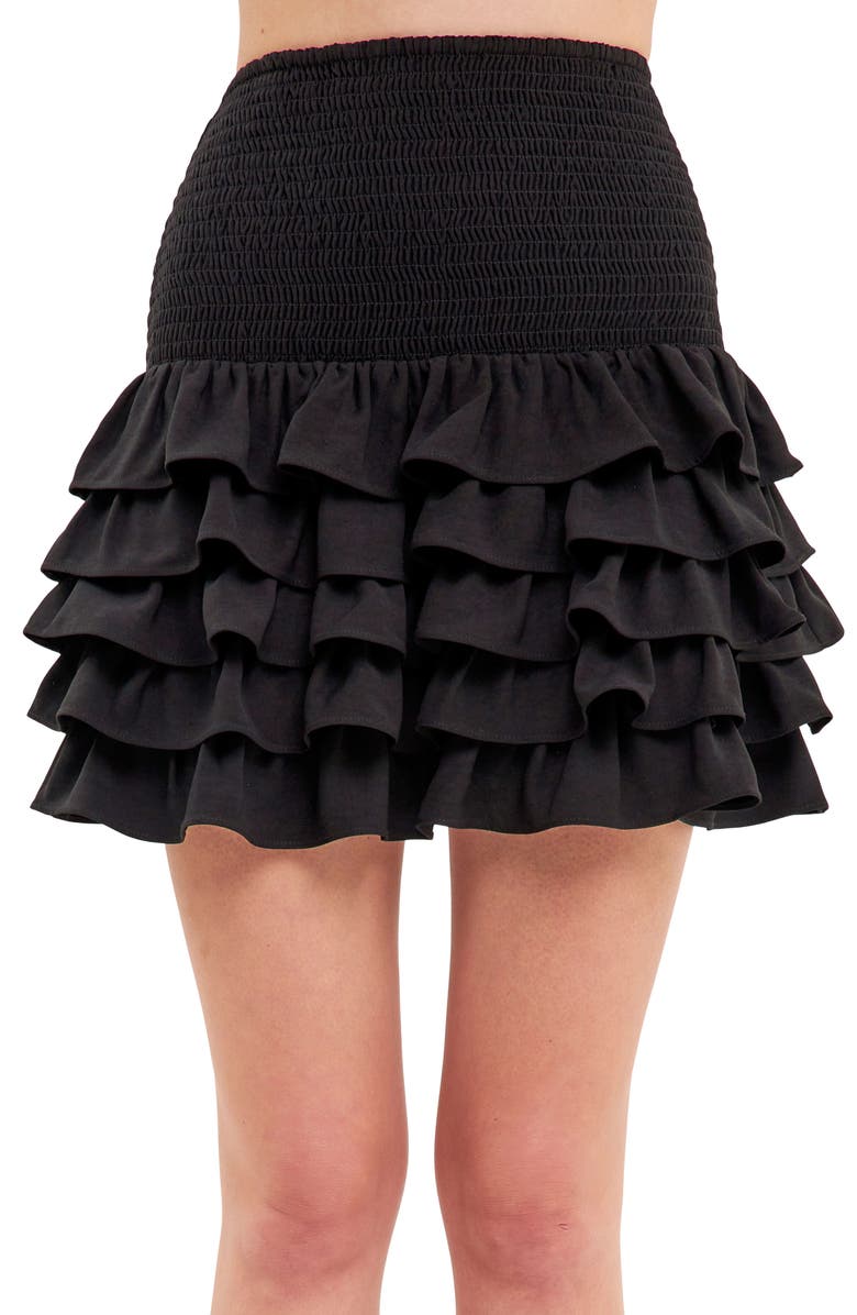 Endless Rose Smocked Tiered Ruffle Miniskirt, Alternate, color, Jet Black