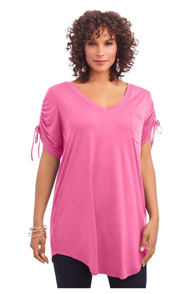 Plus Size Ruched Sleeve Ultra Drape Tunic, Main, color, VINTAGE ROSE
