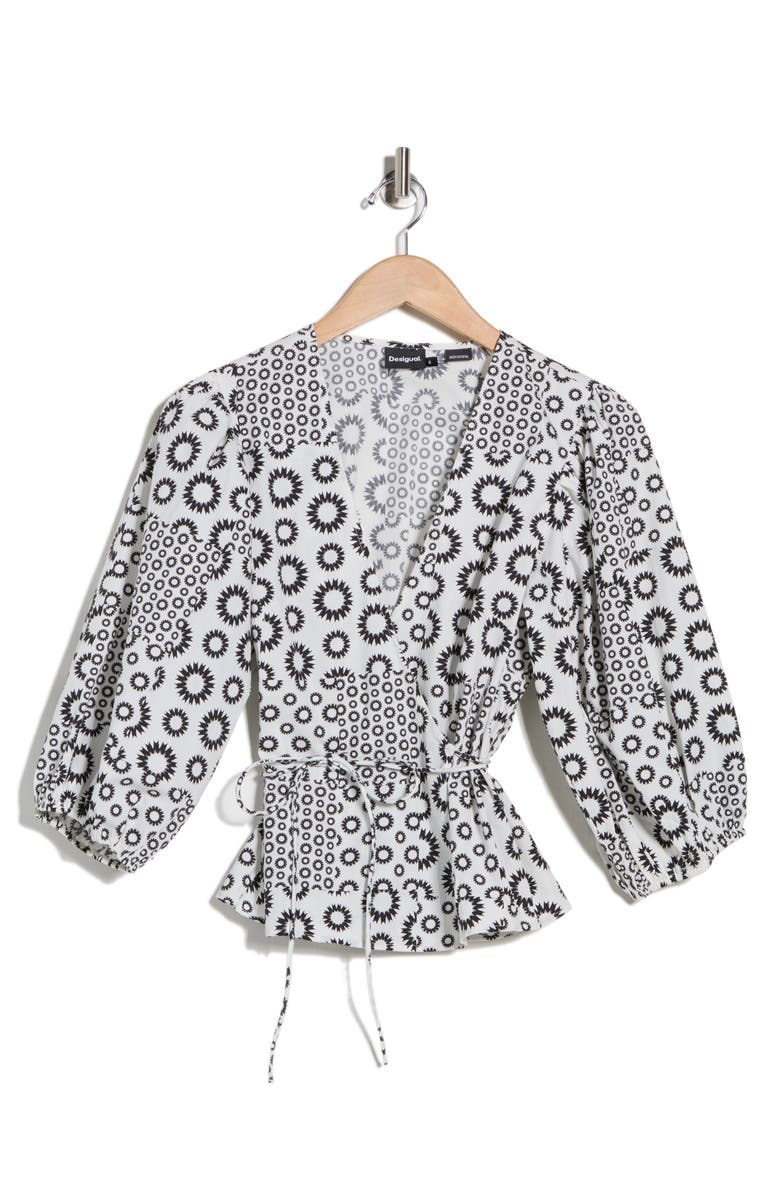 Desigual Print Woven Wrap Top, Alternate, color, Black