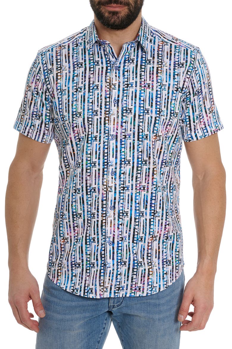 Geo Stripe Print Short Sleeve Shirt, Main, color, BLUE