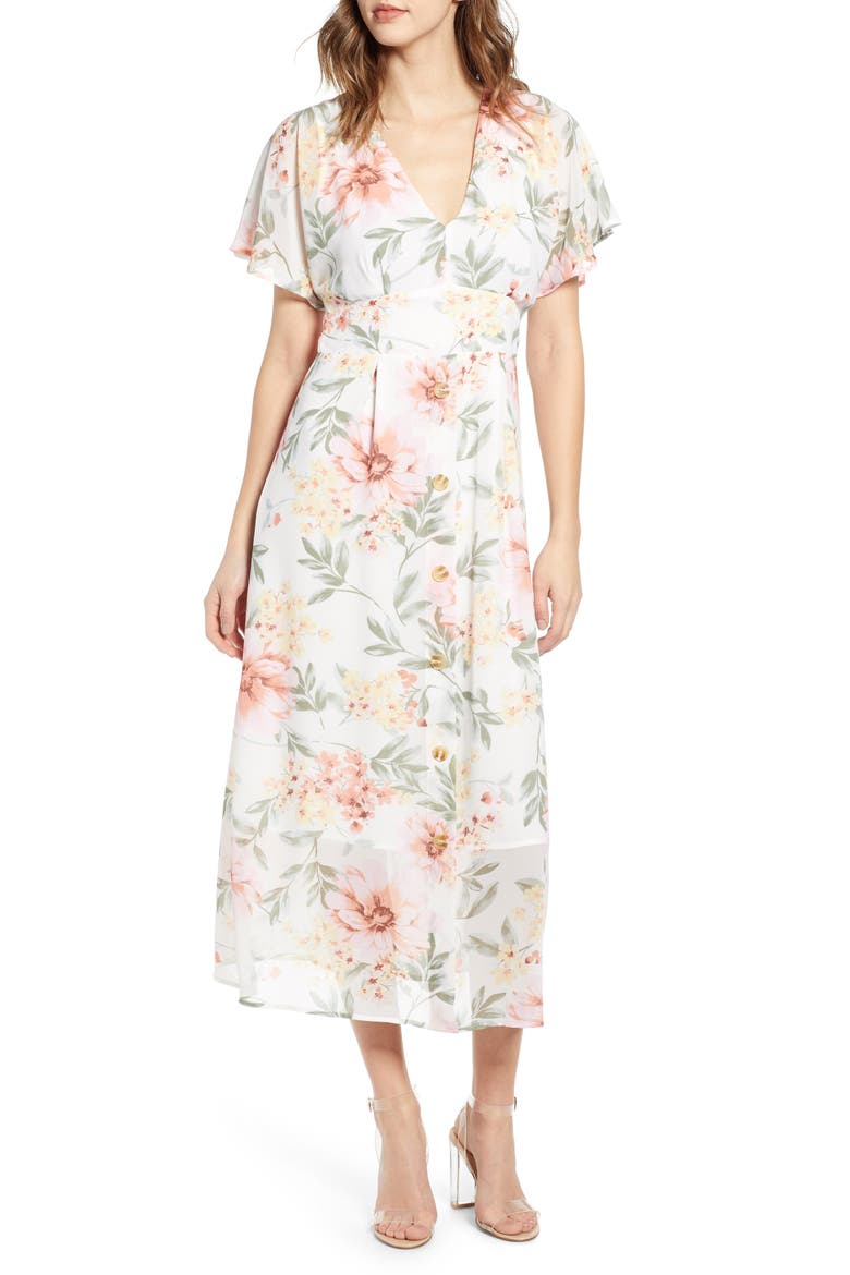 Floral Print Midi Dress, Main, color, IVORY EDITH FLORAL