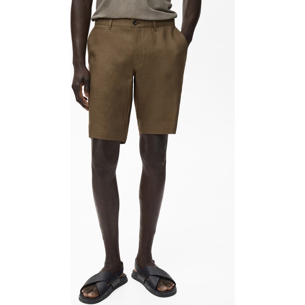 Mango Slim Fit Flat Front Linen Bermuda Chino Shorts In Brown