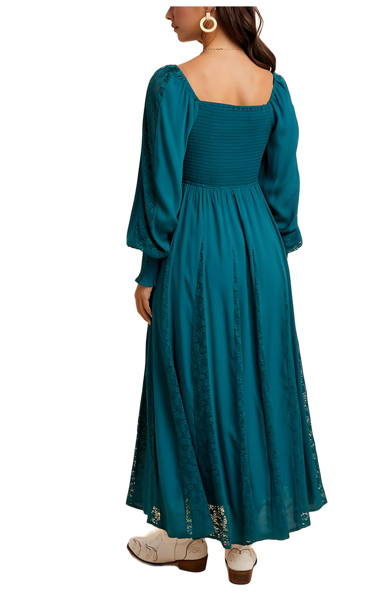 Knit and Lounge Long Sleeve Maxi Dress with Smocked Bodice and Lace Insets, Alternate, color, Teal