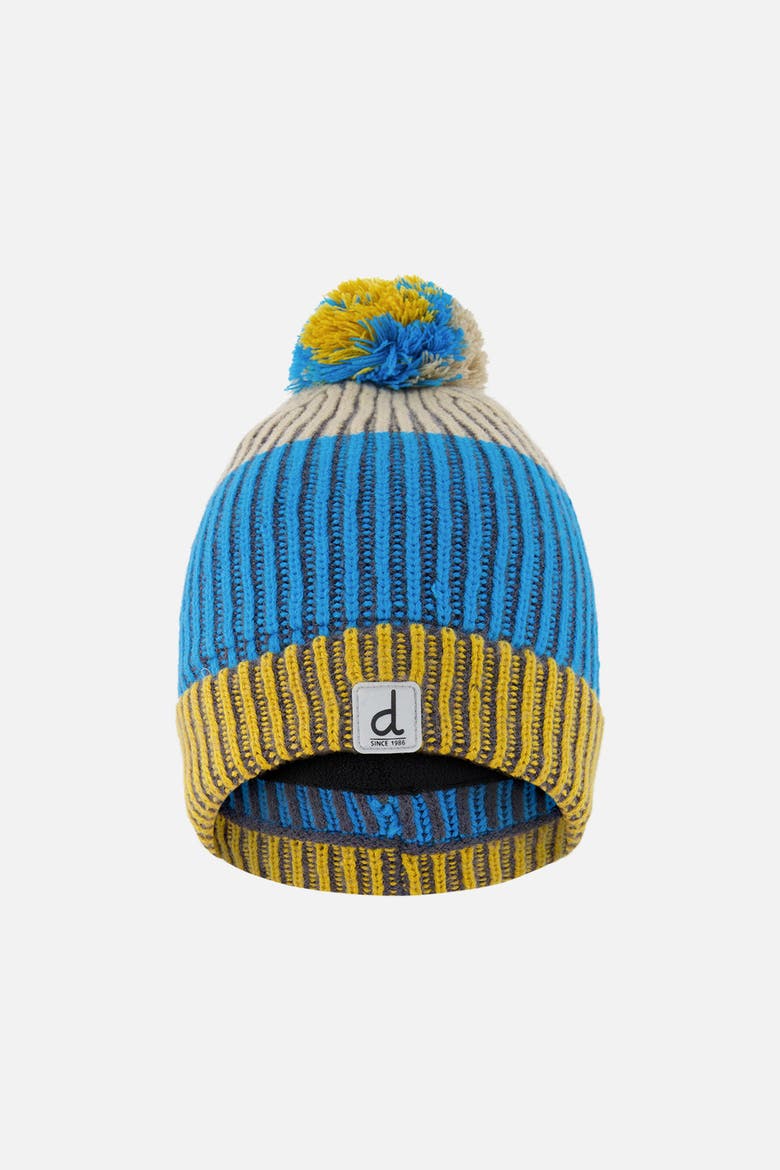 Winter Stripe Ribbed Cuff Knit Hat with Pompom, Main, color, Blue and Yellow Knit