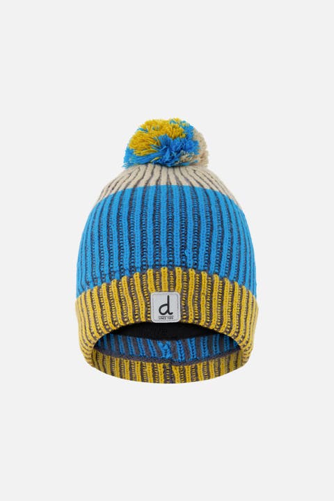 Winter Stripe Ribbed Cuff Knit Hat with Pompom