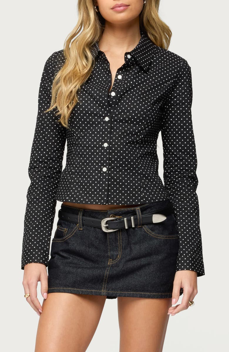 EDIKTED Ilia Polka Dot Button-Up Shirt, Main, color, 