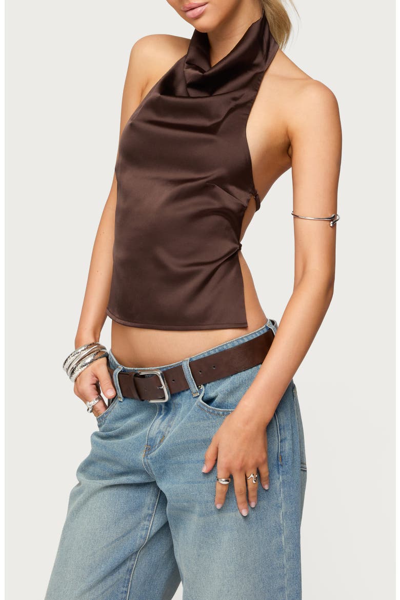 Cowl Neck Backless Satin Crop Top, Alternate, color, DARK-BROWN