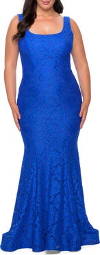 La Femme Stretch Lace Plus Size Gown with Beading