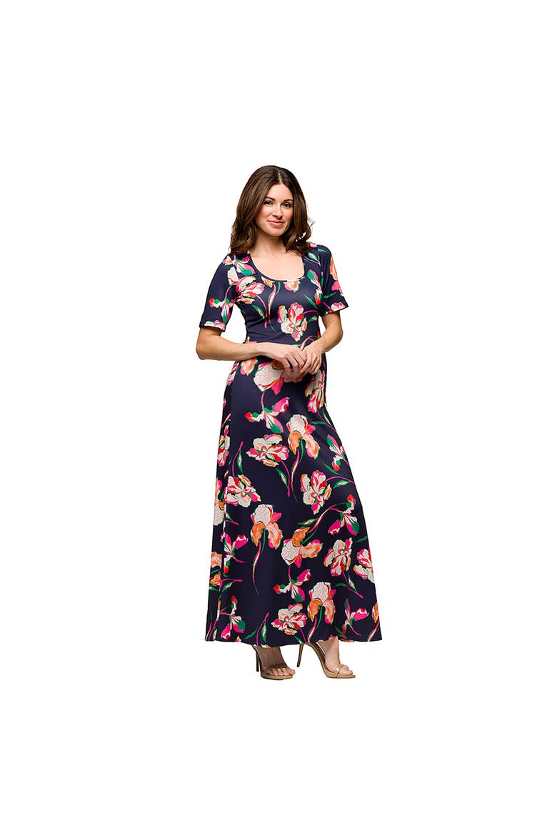 Maternity Navy Floral Print Elbow Sleeve Casual A-Line Maxi Dress, Alternate, color, Blue Multi