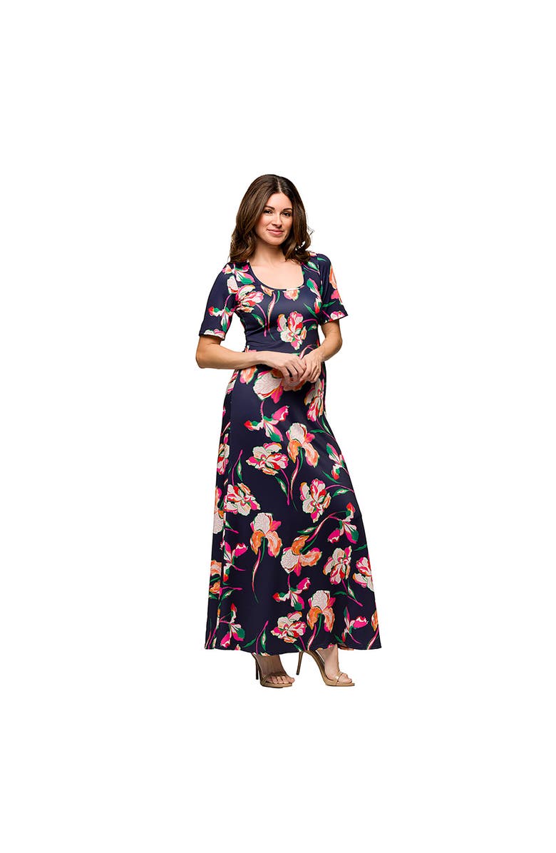 24seven Comfort Apparel Maternity Navy Floral Print Elbow Sleeve Casual A-Line Maxi Dress, Alternate, color, Blue Multi