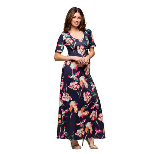 24seven Comfort Apparel Maternity Navy Floral Print Elbow Sleeve Casual A-line Maxi Dress In Black