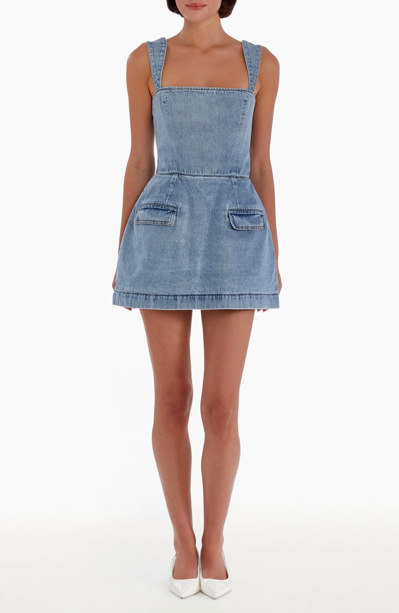 Amanda Uprichard Bethany Denim Skort Romper, Main, color, Destiny Wash