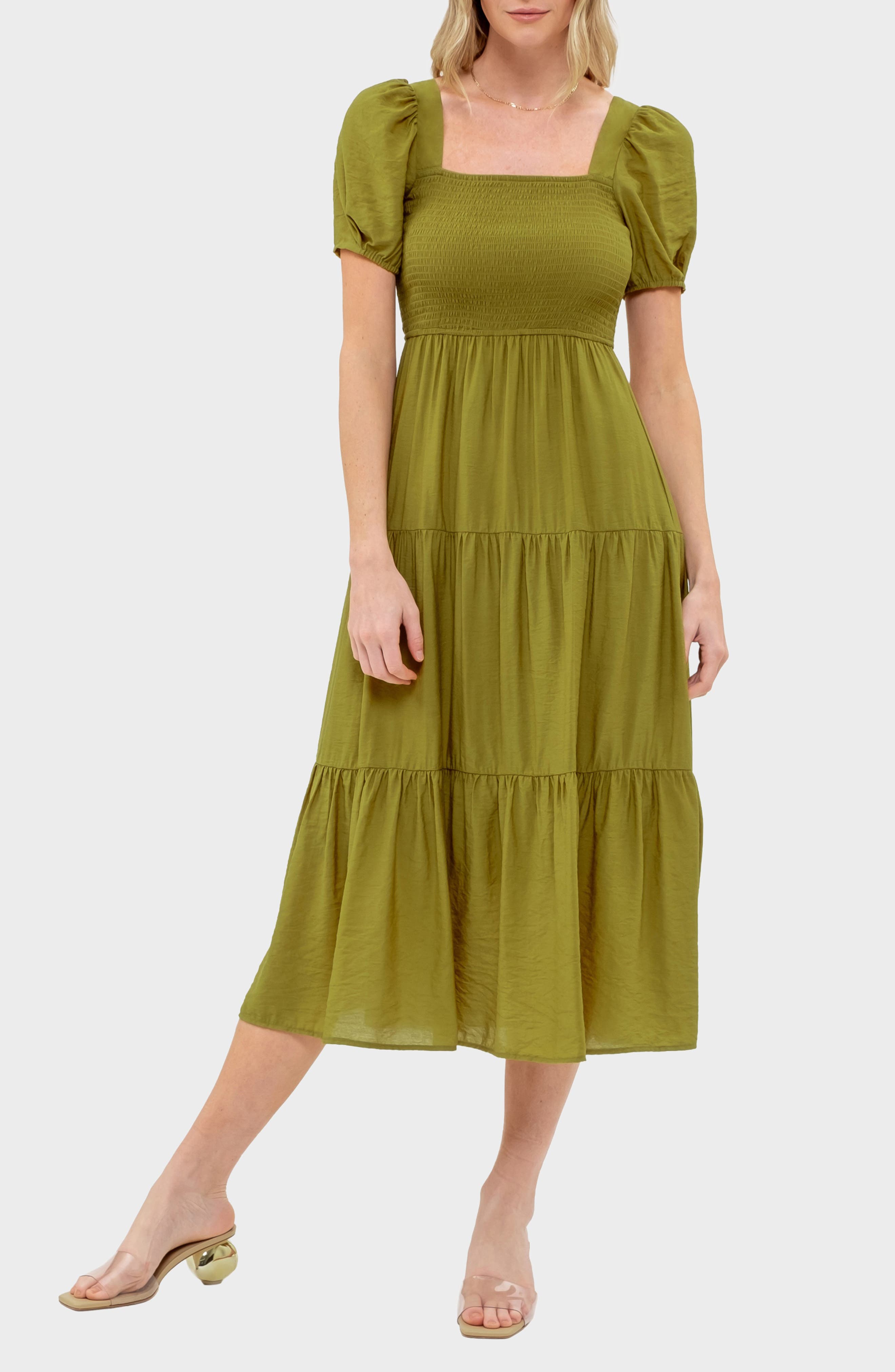 AUGUST SKY Puff Sleeve Tiered Midi Dress
