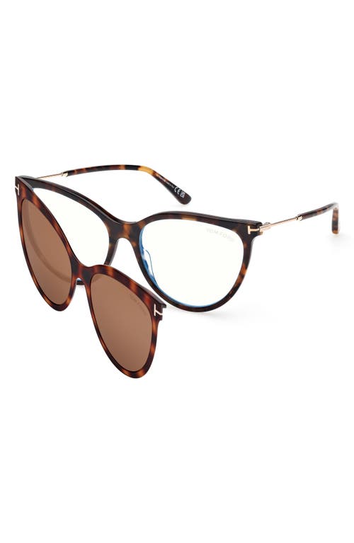 Tom Ford 56mm Cat Eye Blue Light Blocking Optical Glasses In Havana/t Logo/blue Block