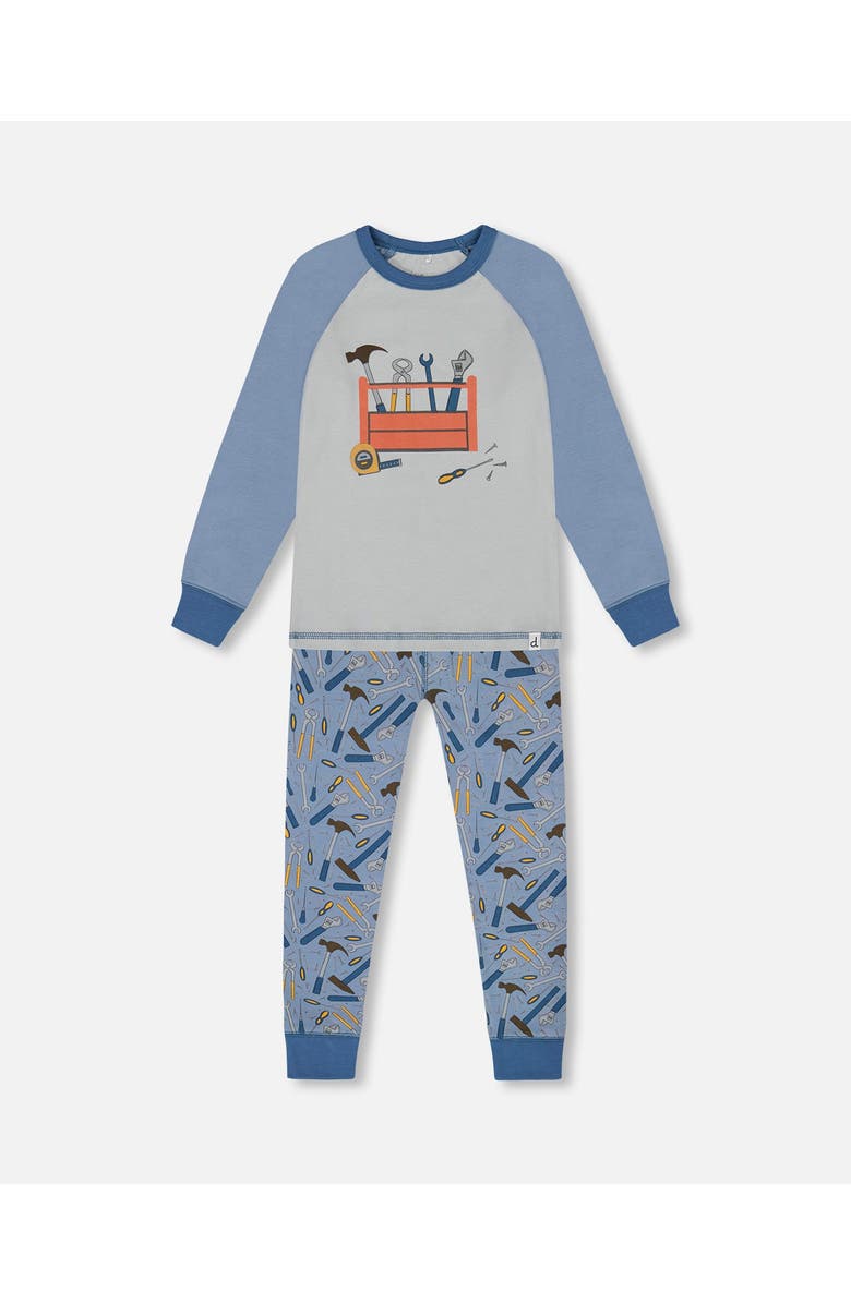 Deux par Deux Baby Boy's Organic Cotton Long Sleeve Top And Pants Two-Piece Pajama Set Tools On Bluish Gray Background, Main, color, 