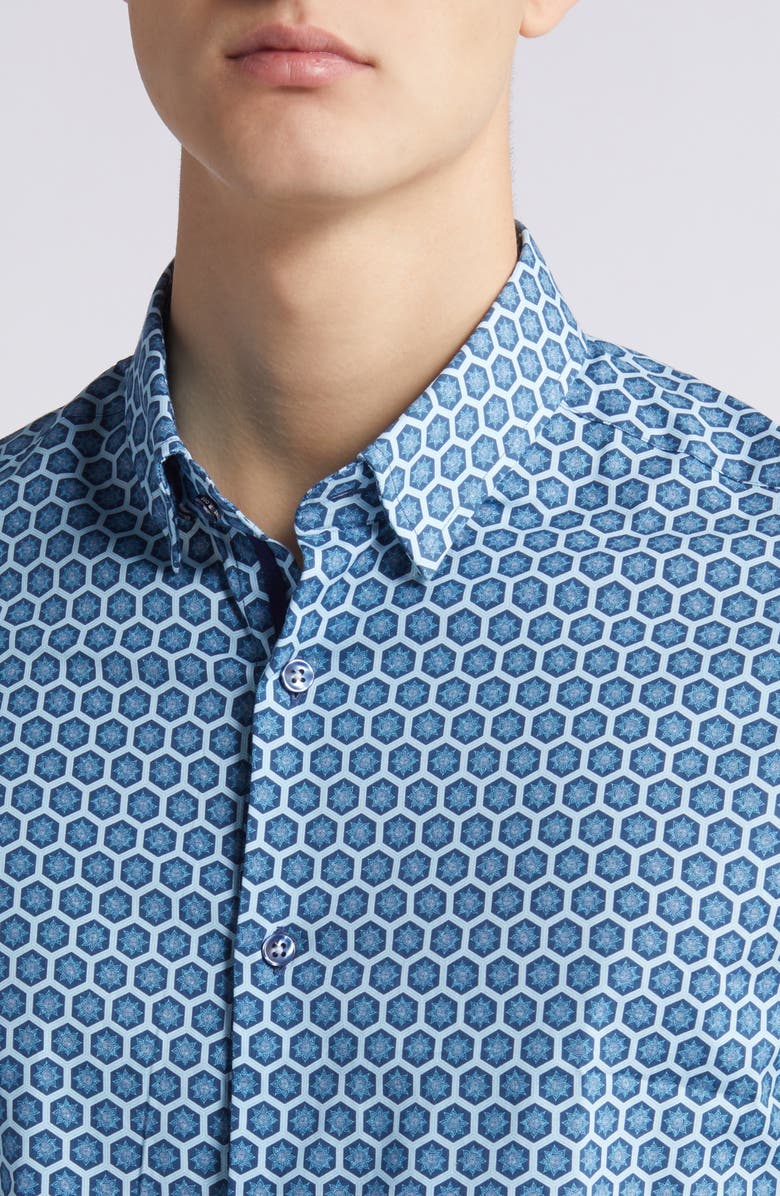 Stone Rose Sun Hex Trim Fit Short Sleeve Stretch Button-Up Shirt, Alternate, color,