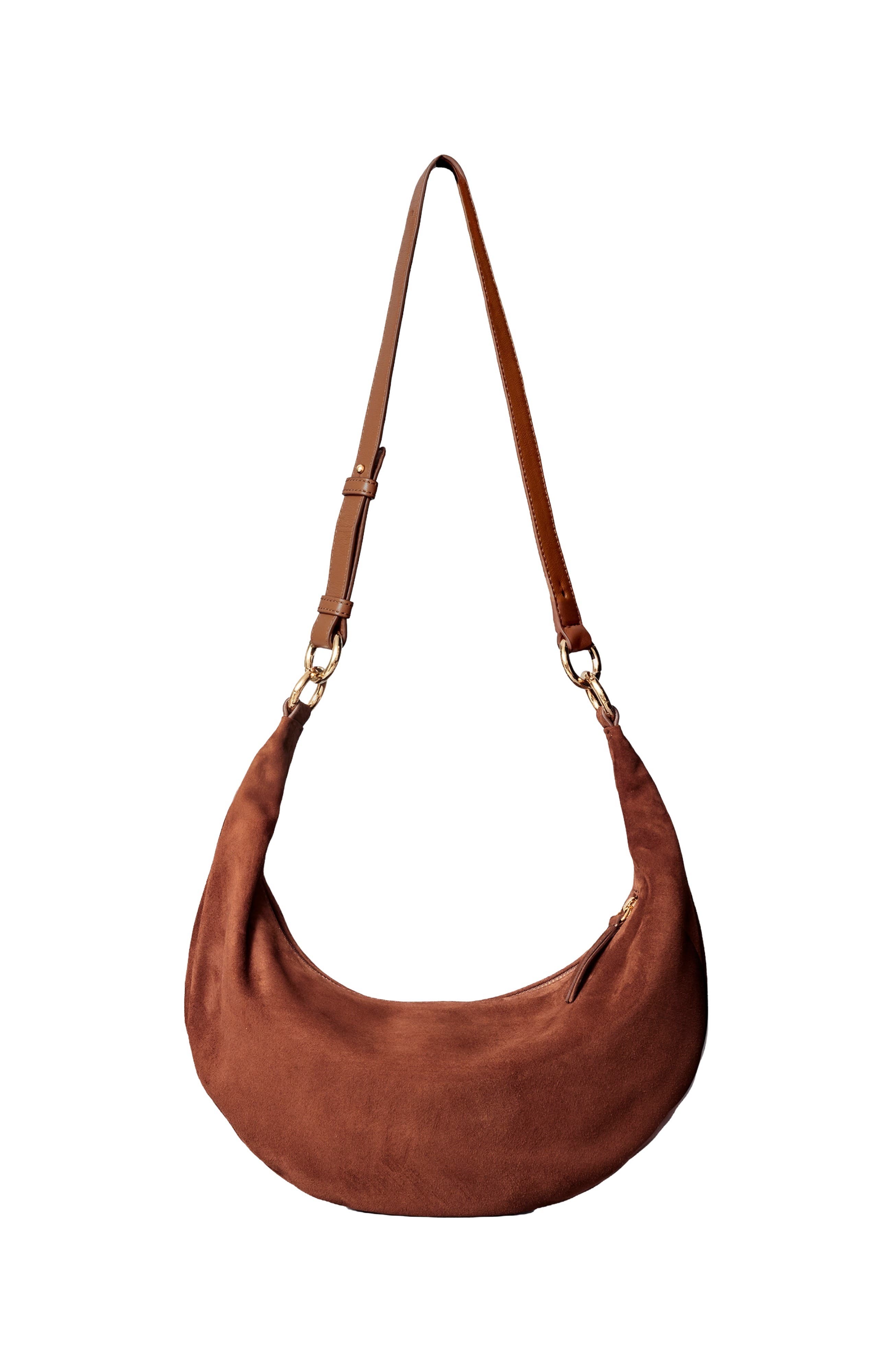 HYER GOODS Small Leather Convertible Hobo Crescent  Ring Bag in Pralien Suede 
