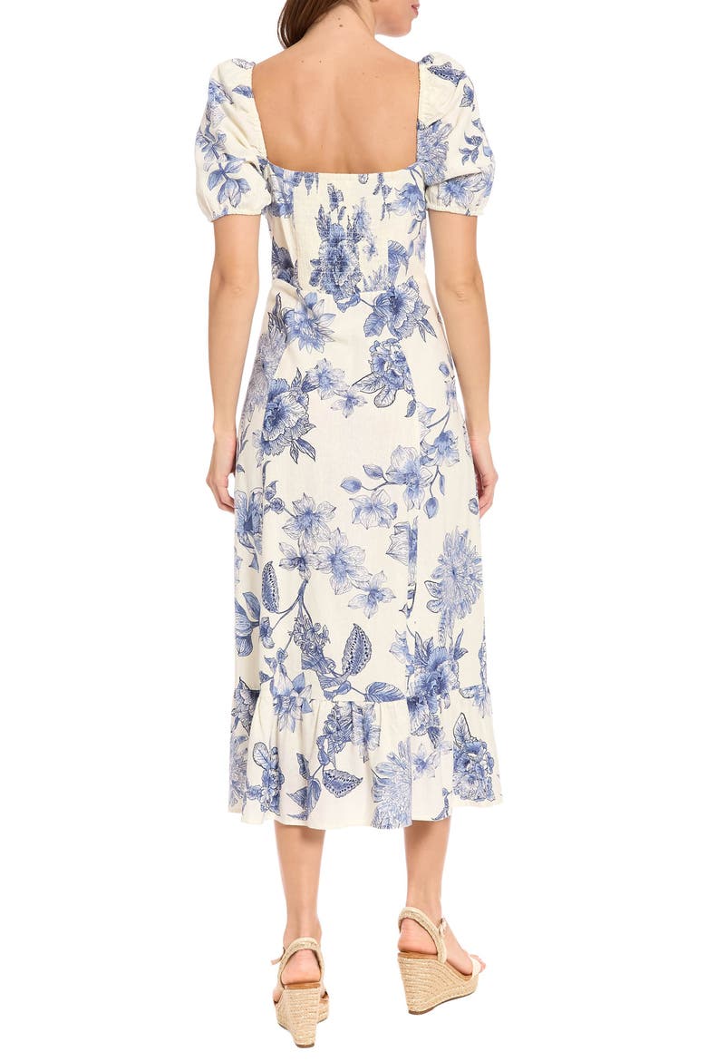 Floral Puff Sleeve Empire Waist Sheath Midi Dress, Alternate, color, SOFT WHITE/ SLATE AQUA