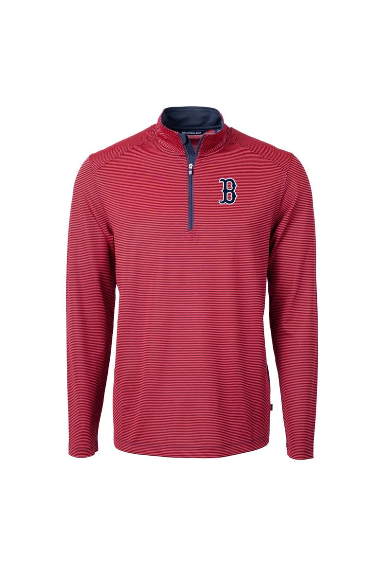 Men's Cutter & Buck Red/Navy Boston Red Sox Virtue Eco Pique Micro Stripe Big & Tall Recycled Quarter-Zip Pullover Top, Alternate, color, Red