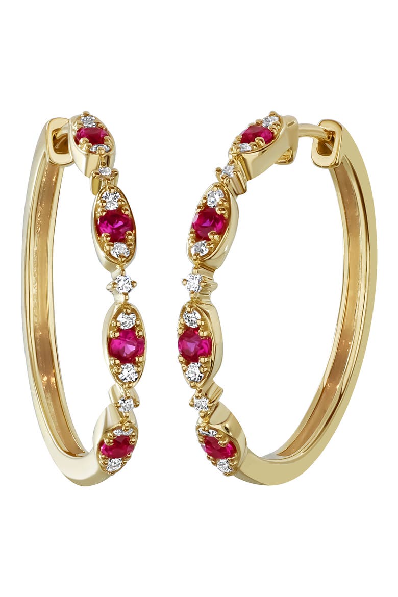 El Mar 18k Gold Ruby and Diamond Hoop Earrings, Main, color, 18K YELLOW GOLD