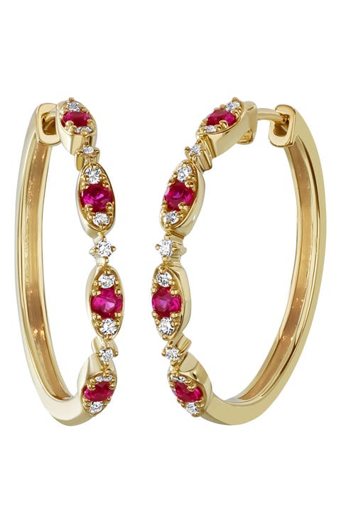 El Mar 18k Gold Ruby and Diamond Hoop Earrings
