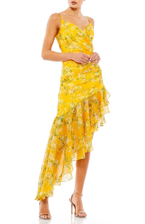 Floral Ruffle Asymmetrical Hi Low Hem Dress