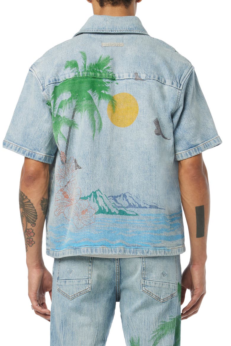 Cotton Denim Graphic Camp Shirt, Alternate, color, INDIGO PALM