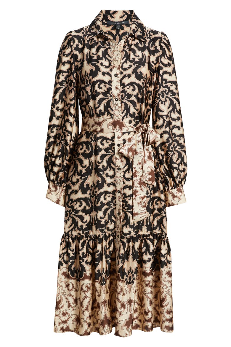 Print Tie Waist Midi Shirtdress, Alternate, color, BLACK/BROWN