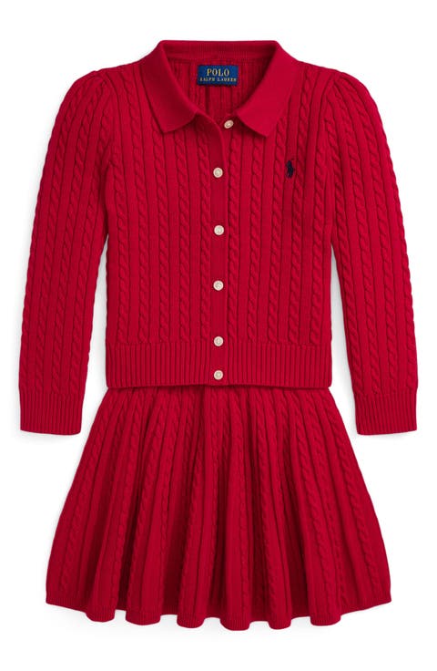 Kids' Mini Cable Knit Cotton Cardigan & Skirt Set