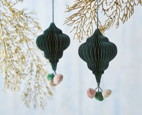 Tag Pom Pom Honey Comb Green Multi Hanging Xmas Ornament In Green