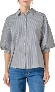 English Factory Stripe Puff Sleeve Button-Up Shirt