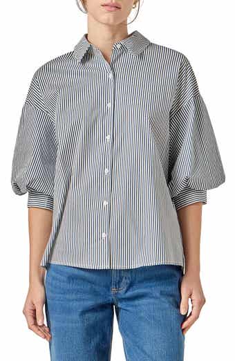 English Factory Stripe Puff Sleeve Button-Up Shirt