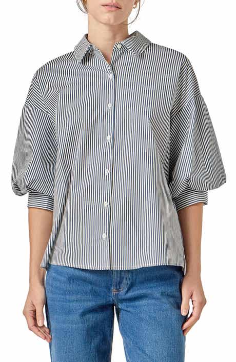 English Factory Stripe Puff Sleeve Button-Up Shirt