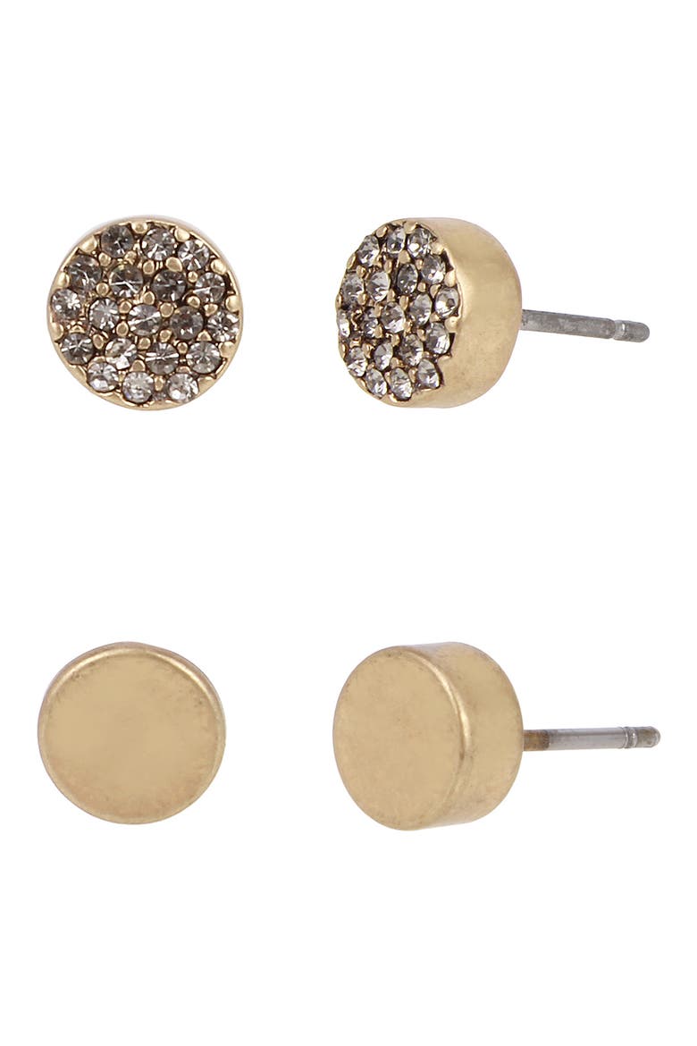 2-Pair Smooth & Pavé Stud Earrings, Main, color, WARM BRASS/ BLACK DIAMOND