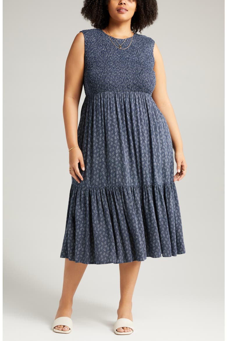 Smocked Sleeveless Midi Dress, Alternate, color, NAVY BLAZER PARIS DOT